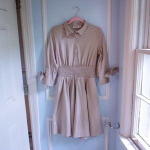 Eliza J Tan/Light Brown Midi Shirtdress with Smocked Waist, Size 8, NWT, A-line